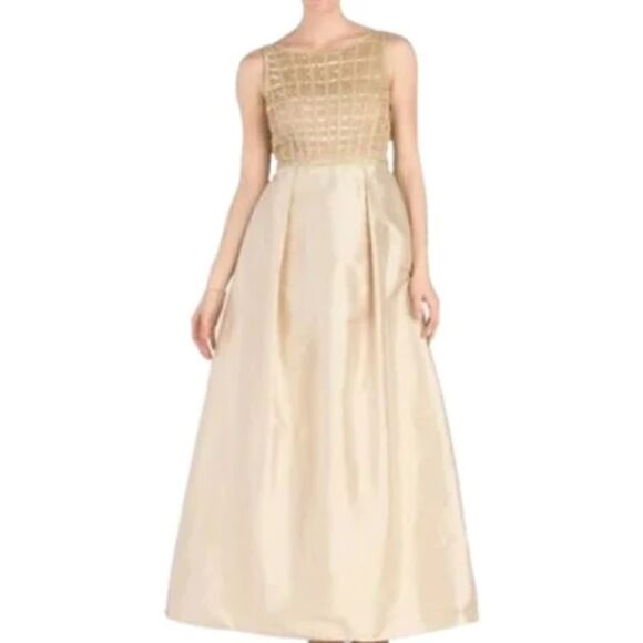NWT Aidan Mattox Beaded Bodice Taffeta Ball Gown Gold Champagne $495 Formal Sz 0 - Picture 1 of 9